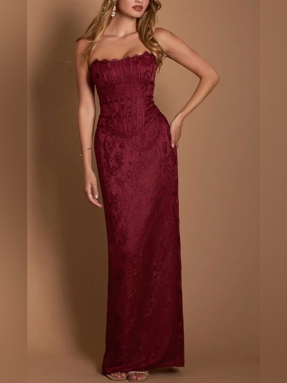 Strapless Burgundy Lace Corset Gown